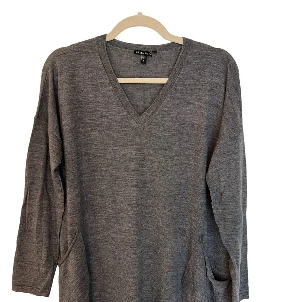 Eileen Fisher Merino Wool V Neck Tunic Sweater Charcoal Grey Small Relaxed Cozy